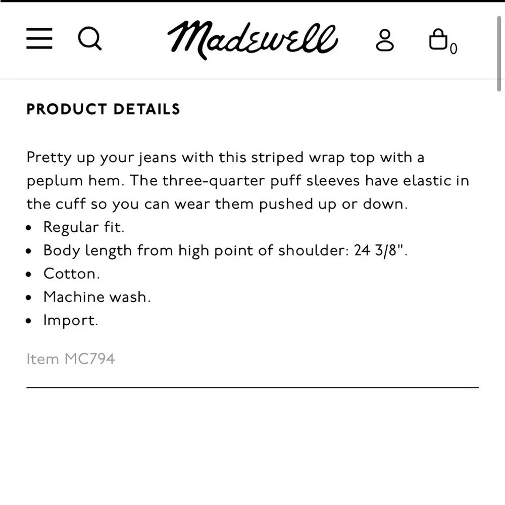 NWT Madewell Puff-Sleeve Peplum Wrap Top in Stripe XXS Style MC794 Fall 2021
